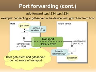 Port forwarding (cont.)
                        adb forward tcp:1234 tcp:1234
example: connecting to gdbserver in the devi...