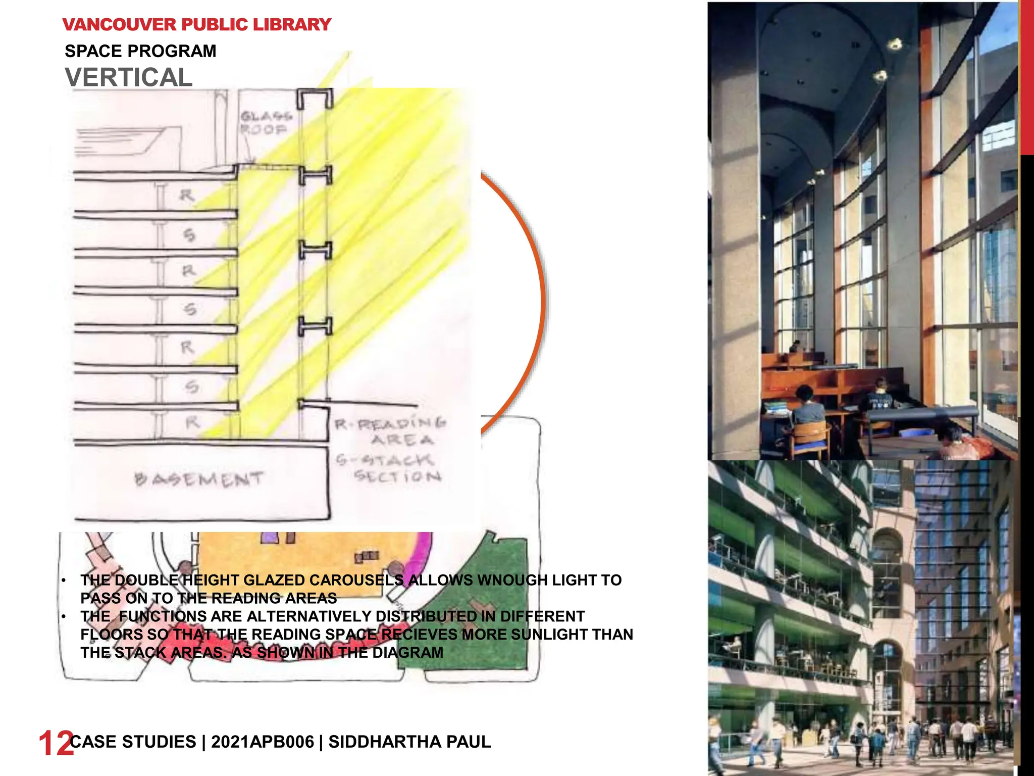 VANCOUVER PUBLIC LIBRARY
12CASE STUDIES | 2021APB006 | SIDDHARTHA PAUL
INSIDE
CAROUSELS
READING CAROUSELS
STACK
SHOPS/CAFES
OFFICE TOWERS
RECEPTION
PARKING
PIAZZA
CIRCULATION
• THE DOUBLE HEIGHT GLAZED CAROUSELS ALLOWS WNOUGH LIGHT TO
PASS ON TO THE READING AREAS
• THE FUNCTIONS ARE ALTERNATIVELY DISTRIBUTED IN DIFFERENT
FLOORS SO THAT THE READING SPACE RECIEVES MORE SUNLIGHT THAN
THE STACK AREAS. AS SHOWN IN THE DIAGRAM
SPACE PROGRAM
VERTICAL
 
