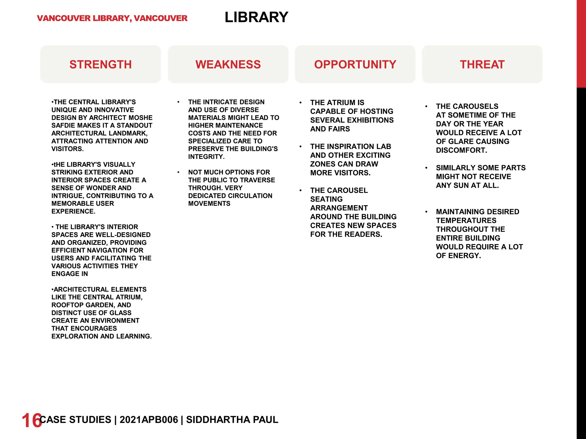 VANCOUVER LIBRARY, VANCOUVER
16CASE STUDIES | 2021APB006 | SIDDHARTHA PAUL
LIBRARY
STRENGTH WEAKNESS OPPORTUNITY THREAT
•THE CENTRAL LIBRARY'S
UNIQUE AND INNOVATIVE
DESIGN BY ARCHITECT MOSHE
SAFDIE MAKES IT A STANDOUT
ARCHITECTURAL LANDMARK,
ATTRACTING ATTENTION AND
VISITORS.
•tHE LIBRARY'S VISUALLY
STRIKING EXTERIOR AND
INTERIOR SPACES CREATE A
SENSE OF WONDER AND
INTRIGUE, CONTRIBUTING TO A
MEMORABLE USER
EXPERIENCE.
• THE LIBRARY'S INTERIOR
SPACES ARE WELL-DESIGNED
AND ORGANIZED, PROVIDING
EFFICIENT NAVIGATION FOR
USERS AND FACILITATING THE
VARIOUS ACTIVITIES THEY
ENGAGE IN
•ARCHITECTURAL ELEMENTS
LIKE THE CENTRAL ATRIUM,
ROOFTOP GARDEN, AND
DISTINCT USE OF GLASS
CREATE AN ENVIRONMENT
THAT ENCOURAGES
EXPLORATION AND LEARNING.
• THE INTRICATE DESIGN
AND USE OF DIVERSE
MATERIALS MIGHT LEAD TO
HIGHER MAINTENANCE
COSTS AND THE NEED FOR
SPECIALIZED CARE TO
PRESERVE THE BUILDING'S
INTEGRITY.
• NOT MUCH OPTIONS FOR
THE PUBLIC TO TRAVERSE
THROUGH. VERY
DEDICATED CIRCULATION
MOVEMENTS
• THE ATRIUM IS
CAPABLE OF HOSTING
SEVERAL EXHIBITIONS
AND FAIRS
• THE INSPIRATION LAB
AND OTHER EXCITING
ZONES CAN DRAW
MORE VISITORS.
• THE CAROUSEL
SEATING
ARRANGEMENT
AROUND THE BUILDING
CREATES NEW SPACES
FOR THE READERS.
• THE CAROUSELS
AT SOMETIME OF THE
DAY OR THE YEAR
WOULD RECEIVE A LOT
OF GLARE CAUSING
DISCOMFORT.
• SIMILARLY SOME PARTS
MIGHT NOT RECEIVE
ANY SUN AT ALL.
• MAINTAINING DESIRED
TEMPERATURES
THROUGHOUT THE
ENTIRE BUILDING
WOULD REQUIRE A LOT
OF ENERGY.
 