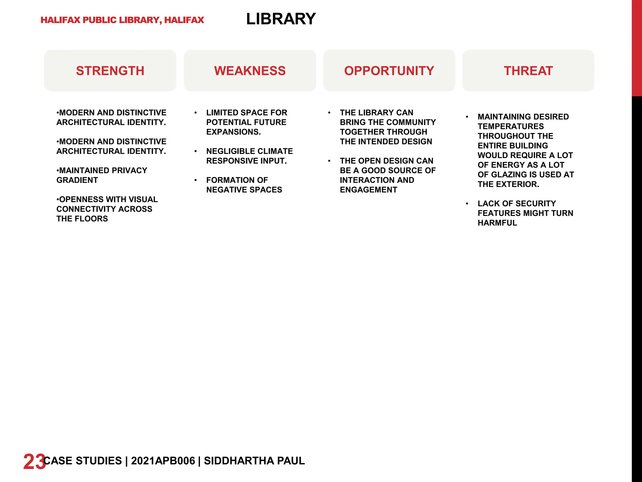 HALIFAX PUBLIC LIBRARY, HALIFAX
23CASE STUDIES | 2021APB006 | SIDDHARTHA PAUL
LIBRARY
STRENGTH WEAKNESS OPPORTUNITY THREAT
•MODERN AND DISTINCTIVE
ARCHITECTURAL IDENTITY.
•MODERN AND DISTINCTIVE
ARCHITECTURAL IDENTITY.
•MAINTAINED PRIVACY
GRADIENT
•OPENNESS WITH VISUAL
CONNECTIVITY ACROSS
THE FLOORS
• LIMITED SPACE FOR
POTENTIAL FUTURE
EXPANSIONS.
• NEGLIGIBLE CLIMATE
RESPONSIVE INPUT.
• FORMATION OF
NEGATIVE SPACES
• THE LIBRARY CAN
BRING THE COMMUNITY
TOGETHER THROUGH
THE INTENDED DESIGN
• THE OPEN DESIGN CAN
BE A GOOD SOURCE OF
INTERACTION AND
ENGAGEMENT
• MAINTAINING DESIRED
TEMPERATURES
THROUGHOUT THE
ENTIRE BUILDING
WOULD REQUIRE A LOT
OF ENERGY AS A LOT
OF GLAZING IS USED AT
THE EXTERIOR.
• LACK OF SECURITY
FEATURES MIGHT TURN
HARMFUL
 