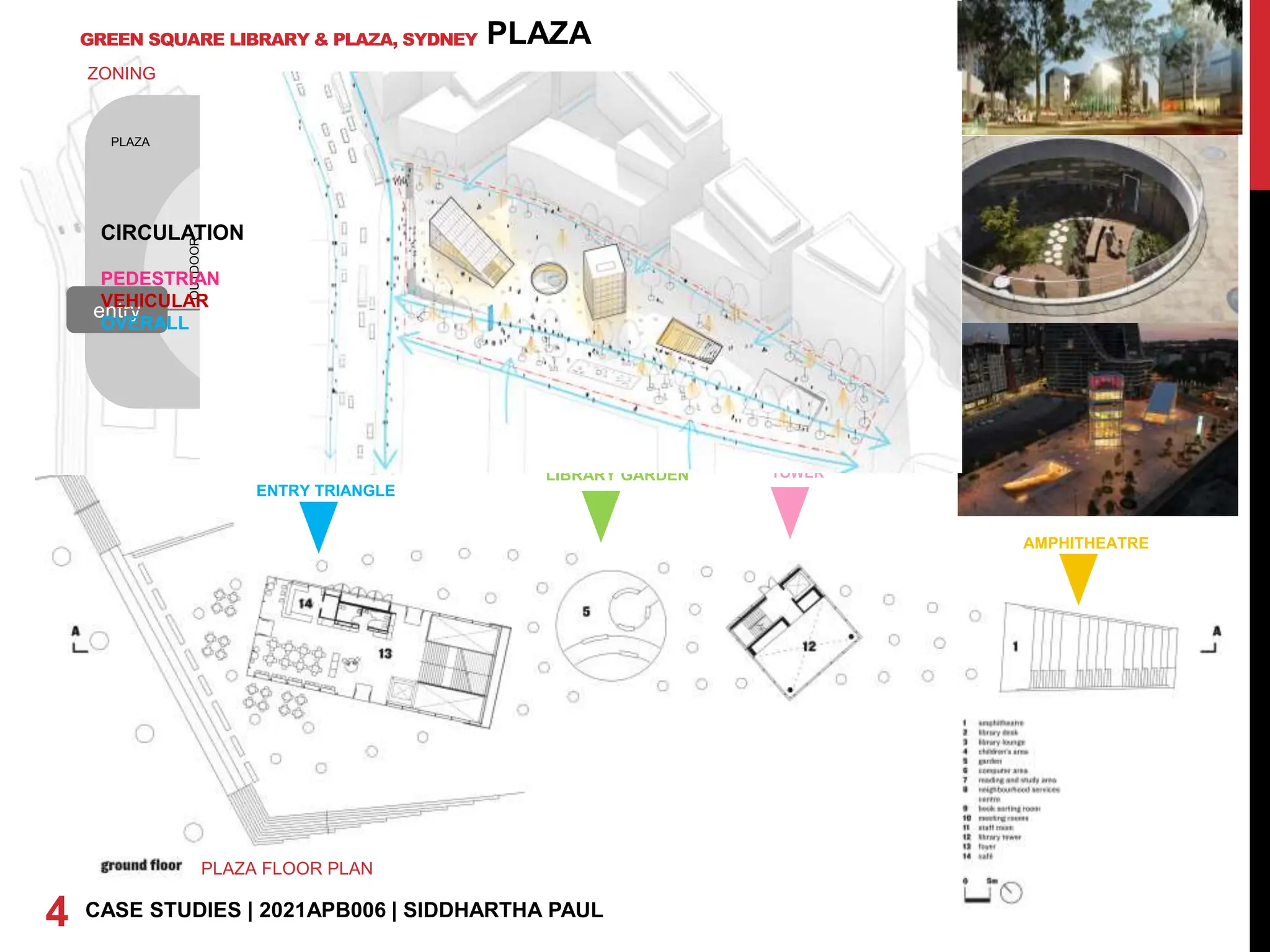 GREEN SQUARE LIBRARY & PLAZA, SYDNEY
4 CASE STUDIES | 2021APB006 | SIDDHARTHA PAUL
PLAZA
ENTRY TRIANGLE
LIBRARY GARDEN
TOWER
AMPHITHEATRE
ZONING
PLAZA FLOOR PLAN
ENTRY TRIANGLE
LIBRARY GARDEN TOWER
AMPHITHEATRE
PARKING
SEATING
entry
entry entry
entry
entry
entry entry
wc
CAFE
FOYER
OUTDOOR
SEATING
GAR
DEN
TOWER AMPHITHEAT
RE
PLAZA
STAIRS
LIFTS
CIRCULATION
PEDESTRIAN
VEHICULAR
OVERALL
 