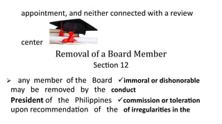 appointment, and neither connected with a review
center
Removal of a Board Member
Section 12
any member of the Board immoral or dishonorable
may be removed by the conduct
President of the Philippines commission or toleration
upon recommendation of the of irregularities in the
 