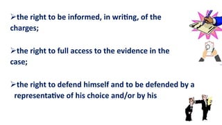 the right to be informed, in writing, of the
charges;
the right to full access to the evidence in the
case;
the right to defend himself and to be defended by a
representative of his choice and/or by his
 