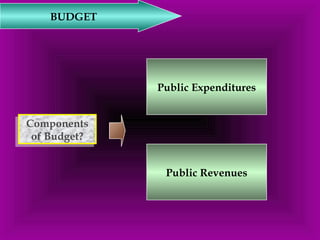 BUDGET 
Components 
of Budget? 
Components 
of Budget? 
Public Expenditures 
Public Revenues 
 