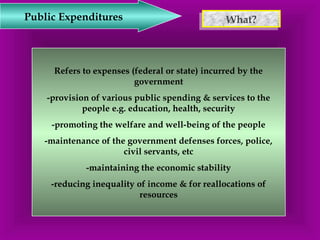 Public Expenditures WWhhaatt?? 
Refers to expenses (federal or state) incurred by the 
government 
-provision of various public spending & services to the 
people e.g. education, health, security 
-promoting the welfare and well-being of the people 
-maintenance of the government defenses forces, police, 
civil servants, etc 
-maintaining the economic stability 
-reducing inequality of income & for reallocations of 
resources 
 