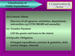 2. Classification by 
2. Classification by 
Sector 
Sector 
Classification of 
Public Expenditures 
(iv)General Admin 
(Services of all agencies, ministries, departments, 
universities e.g UiTM 300,000 mil annually) 
(v) Transfer Payment 
(All the grants and loans to the states) 
(vi)Specific Obligation 
(Charged expenditures, pension & gratuities, debt, 
service charges, interest) 
 