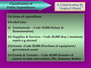 3. Classification by 
General Object 
3. Classification by 
General Object 
Classification of 
Public Expenditures 
On items of expenditure 
Divided into:- 
(i) Emoluments - Code 10,000 (Salary & 
Remuneration) 
(ii) Supplies & Services – Code 20,000 (buy / maintain/ 
repair e.g aircond 
(iii)Assets –Code 30,000 (Purchase of equipment / 
government assets 
(iv)Grants & Transfer – Code 40,000 (transfer of 
money to state universities, PEs, Statutory Bodies 
 