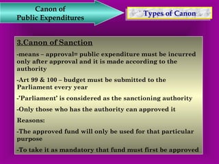 TTyyppeess o off C Caannoonn Canon of 
Public Expenditures 
3.Canon of Sanction 
-means – approval= public expenditure must be incurred 
only after approval and it is made according to the 
authority 
-Art 99 & 100 – budget must be submitted to the 
Parliament every year 
-’Parliament’ is considered as the sanctioning authority 
-Only those who has the authority can approved it 
Reasons: 
-The approved fund will only be used for that particular 
purpose 
-To take it as mandatory that fund must first be approved 
 