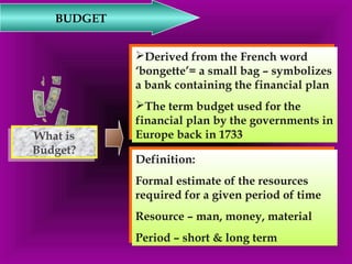 Derived from the French word 
‘bongette’= a small bag – symbolizes 
a bank containing the financial plan 
The term budget used for the 
financial plan by the governments in 
Europe back in 1733 
Derived from the French word 
‘bongette’= a small bag – symbolizes 
a bank containing the financial plan 
The term budget used for the 
financial plan by the governments in 
BUDGET 
What What is is 
Europe back in 1733 
Budget? 
Budget? 
Definition: 
Formal estimate of the resources 
required for a given period of time 
Resource – man, money, material 
Period – short & long term 
Definition: 
Formal estimate of the resources 
required for a given period of time 
Resource – man, money, material 
Period – short & long term 
 