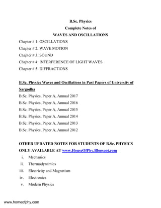 B.Sc. Physics
Complete Notes of
WAVES AND OSCILLATIONS
Chapter # 1: OSCILLATIONS
Chapter # 2: WAVE MOTION
Chapter # 3: SOUND
Chapter # 4: INTERFERENCE OF LIGHT WAVES
Chapter # 5: DIFFRACTIONS
B.Sc. Physics Waves and Oscillations in Past Papers of University of
Sargodha
B.Sc. Physics, Paper A, Annual 2017
B.Sc. Physics, Paper A, Annual 2016
B.Sc. Physics, Paper A, Annual 2015
B.Sc. Physics, Paper A, Annual 2014
B.Sc. Physics, Paper A, Annual 2013
B.Sc. Physics, Paper A, Annual 2012
OTHER UPDATED NOTES FOR STUDENTS OF B.Sc. PHYSICS
ONLY AVAILABLE AT www.HouseOfPhy.Blogspot.com
i. Mechanics
ii. Thermodynamics
iii. Electricity and Magnetism
iv. Electronics
v. Modern Physics
www.homeofphy.com
 