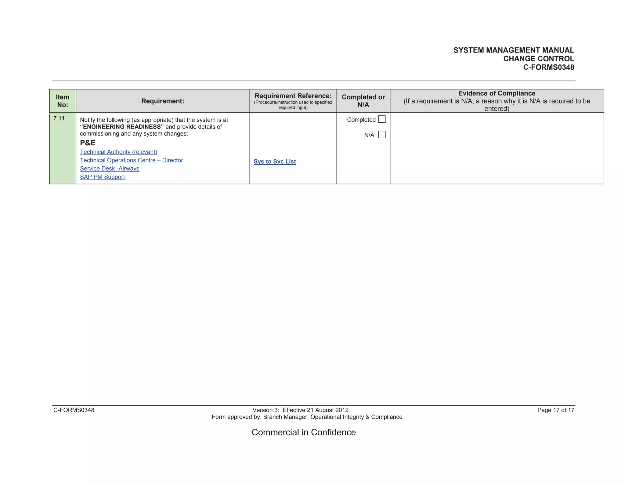 SYSTEM MANAGEMENT MANUAL
CHANGE CONTROL
C-FORMS0348
C-FORMS0348 Version 3: Effective 21 August 2012 Page 17 of 17
Form approved by: Branch Manager, Operational Integrity & Compliance
Commercial in Confidence
Item
No:
Requirement:
Requirement Reference:
(Procedure/instruction used to specified
required input)
Completed or
N/A
Evidence of Compliance
(If a requirement is N/A, a reason why it is N/A is required to be
entered)
7.11 Notify the following (as appropriate) that the system is at
“ENGINEERING READINESS” and provide details of
commissioning and any system changes:
P&E
Technical Authority (relevant)
Technical Operations Centre – Director
Service Desk -Airways
SAP PM Support
Sys to Svc List
Completed
N/A
 