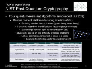 19 Nov 2022
Quantum Information
“Y2K of crypto” threat
NIST Post-Quantum Cryptography
 Four quantum-resistant algorithms announced (Jul 2022)
 General concept: shift from factoring to lattices (3d+)
 Factoring (number theory); Lattices (group theory, order theory)
 Classical: based on the difficulty of factoring large numbers
 Size of large number: eight 32-bit words (SHA-256)
 Quantum: based on the difficulty of lattice problems
 Lattice: geometric arrangement of points in a space
 Example: find shortest vector to an arbitrary point
10
Module: generalization of vector space in which the field of scalars is replaced by a ring
Hash function: generic structure for converting arbitrary-length input to fixed-size output
Source: https://www.nist.gov/news-events/news/2022/07/nist-announces-first-four-quantum-resistant-cryptographic-algorithms
Application Algorithm Category Based on difficulty of solving
1 Public-key encryption CRYSTALS-Kyber (IBM) Structured lattices Learning-with-errors (LWE)
problem over module lattices
2 Digital signature CRYSTALS-Dilithium (IBM) Structured lattices Lattice problems over module
lattices (Fiat-Shamir with Aborts)
3 Digital signature FALCON (IBM) Structured lattices
(Fast Fourier)
Short integer solution problem
(SIS) over NTRU lattices
(Number Theory Research Unit)
4 Digital signature SPHINCS+ (Eindhoven
University of Technology)
Hash functions Hash functions over lattices (vs.
classical SHA-256 hash functions)
 