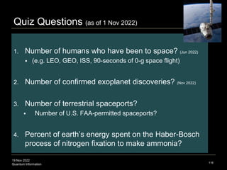 19 Nov 2022
Quantum Information
Quiz Questions (as of 1 Nov 2022)
116
1. Number of humans who have been to space? (Jun 2022)
 (e.g. LEO, GEO, ISS, 90-seconds of 0-g space flight)
2. Number of confirmed exoplanet discoveries? (Nov 2022)
3. Number of terrestrial spaceports?
 Number of U.S. FAA-permitted spaceports?
4. Percent of earth’s energy spent on the Haber-Bosch
process of nitrogen fixation to make ammonia?
 