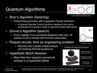19 Nov 2022
Quantum Information
Quantum Algorithms
 Shor’s Algorithm (factoring)
 Period-finding function with a quantum Fourier transform
 A classical discrete Fourier transform applied to the vector
amplitudes of a quantum state (vs general number field sieve)
 Grover’s Algorithm (search)
 Find a register in an unordered database (with only √N
queries vs all or at least half N entries classically)
 Floquet circuits: time as engineering problem
 Discrete time crystals (matter phases
not reaching thermal equilibrium)
 Hyperbolic Bloch theorem
 More than four squares connect at
vertices in a hyperbolic lattice
133
Elliptic geometry
(positively-curved)
Hyperbolic geometry
(negatively-curved)
Flat geometry
(no curvature)
Euclidean and beyond spacetimes
Sources: Maciejko, J. & Rayan, S. (2021). Hyperbolic band theory. Sci. Adv. 7:eabe9170. Mi, X. et al. (2021). Observation of Time-
Crystalline Eigenstate Order on a Quantum Processor. arXiv:2107.13571. (Google Quantum AI and collaborators)
Time-crystalline Eigenstate order
Hyperbolic space
 