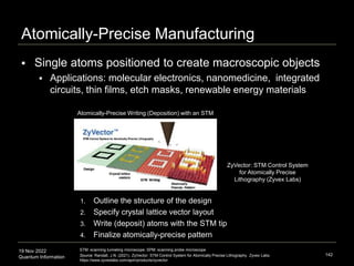 19 Nov 2022
Quantum Information
Atomically-Precise Manufacturing
 Single atoms positioned to create macroscopic objects
 Applications: molecular electronics, nanomedicine, integrated
circuits, thin films, etch masks, renewable energy materials
142
STM: scanning tunneling microscope; SPM: scanning probe microscope
Source: Randall, J.N. (2021). ZyVector: STM Control System for Atomically Precise Lithography. Zyvex Labs.
https://www.zyvexlabs.com/apm/products/zyvector
Atomically-Precise Writing (Deposition) with an STM
1. Outline the structure of the design
2. Specify crystal lattice vector layout
3. Write (deposit) atoms with the STM tip
4. Finalize atomically-precise pattern
ZyVector: STM Control System
for Atomically Precise
Lithography (Zyvex Labs)
 