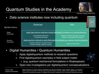 19 Nov 2022
Quantum Information
Quantum Studies in the Academy
25
Digital
Humanities
Arts
Sciences
Quantum
Humanities
computational astronomy,
computational biology
Digital Humanities (literature & painting
analysis, computational philosophy1)
Quantum Humanities
quantum chemistry, quantum finance,
quantum biology, quantum ecology
Apply quantum methods to study field-specific problems e.g. quantum machine learning
Apply data science methods to study field-specific problems e.g. machine learning
 Data science institutes now including quantum
 Digital Humanities / Quantum Humanities
1. Apply digital/quantum methods to research questions
2. Find digital/quantum examples in field subject matter
 (e.g. quantum mechanical formulations in Shakespeare)
3. Open new investigations per digital/quantum conceptualizations
Sources: Miranda, E.R. (2022). Quantum Computing in the Arts and Humanities. London: Springer. Barzen, J. & Leymann, F.
(2020). Quantum Humanities: A First Use Case for Quantum Machine Learning in Media Science. Digitale Welt. 4:102-103.
1Example of computational philosophy: investigate formal axiomatic metaphysics with an automated reasoning environment
Big Data Science
Vermeer imaging (1665-2018)
Textual
analysis
 