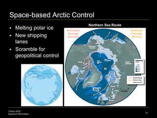 19 Nov 2022
Quantum Information
Space-based Arctic Control
 Melting polar ice
 New shipping
lanes
 Scramble for
geopolitical control
32
Northwest
Passage
(Canada)
Northeast
Passage
(Russia)
Northern Sea Route
 