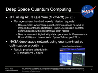 19 Nov 2022
Quantum Information
Deep Space Quantum Computing
 JPL using Azure Quantum (Microsoft) (Jan 2022)
 Manage several hundred weekly mission requests
 Requirement: synchronize global communications network of
large radio antennae (California, Spain, Australia) in constant
communication with spacecraft as earth rotates
 New requirement: high-fidelity data operations for Perseverance
Rover (2020) and James Webb Space Telescope (2021)
 NASA deep space network using quantum-inspired
optimization algorithms
 Result: produce schedule in
2-16 minutes vs 2 hours
37
JPL: Jet Propulsion Lab (Pasadena CA) Sources: https://quantumzeitgeist.com/nasa-now-manages-its-space-missions-through-
quantum-computing, https://cloudblogs.microsoft.com/quantum/2022/01/27/nasas-jpl-uses-microsofts-azure-quantum-to-manage-
communication-with-space-missions/
NASA Deep Space Network
 