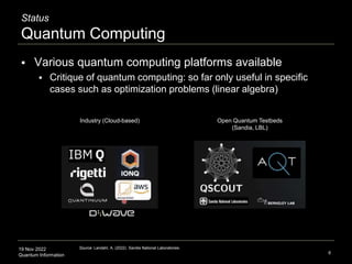 19 Nov 2022
Quantum Information
Status
Quantum Computing
 Various quantum computing platforms available
 Critique of quantum computing: so far only useful in specific
cases such as optimization problems (linear algebra)
6
Open Quantum Testbeds
(Sandia, LBL)
Industry (Cloud-based)
Source: Landahl, A. (2022). Sandia National Laboratories.
 