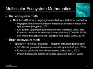 19 Nov 2022
Quantum Information
Multiscalar Ecosystem Mathematics
 Krill ecosystem math
 Reaction-diffusion + Lagrangian oscillation – statistical predation
 Phytoplankton: diffusion problem modeled as Brownian motion with
light gradient (Heggerud, 2021)
 Krill swarm: Lagrangian (Brownian motion) (Hofmann, 2004) with
Kuramoto oscillator for time and space synchrony (O’Keeffe, 2022)
 Krill-whale: hotspot clustering, statistical field theory (Miller, 2019)
 Brain ecosystem math
 Topology + nonlinear oscillator – reaction-diffusion degradation
 3D elliptical geometrical molecular dendritic gradient (Cugno, 2018)
 Kuramoto oscillators in nonlinear networks (Budzinski, 2022)
 Protein buildup and clearance kinetics (Bressloff, Goriely, 2021)
75
 