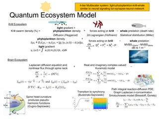 19 Nov 2022
Quantum Information
Quantum Ecosystem Model
Krill Ecosystem
Statistical distribution (Miller)
2d Lagrangian (Hofmann)
Diffusion (Heggerud)
4-tier Multiscalar system: light-phytoplankton-krill-whale
similar to neural signaling ion-synapse-neuron-network
Ice
VQE: variational quantum eigensolver; VAE: variational autoencoder; QAOA: quantum approximate optimization algorithm;
RKHS (reproducing kernel Hilbert space) (quantum kernel learning), QNN: quantum neural network
Krill swarm density (%) = forces acting on krill whale predation (death rate)
phytoplankton density –
+
light gradient +
∂tu1 = D1∂xu1 – α1∂xu1 + [g1 (γ1 (x,t)) – d1(x)]u1
2
γ1 (x,t) = a1(λ) k1(λ) I(λ, x)dλ
ʃ
____
dXi =
dt
phytoplankton density
light gradient
forces acting on krill whale predation
MVBS120kHz - MVBS38kHz
dB re 1 m−1
+
–
Brain Ecosystem
Real and imaginary complex-valued
Kuramoto model
–
Path integral reaction-diffusion PDE;
Graph Laplacian n-concentration
Smoluchowski model (Bressloff, Goriely)
+
Spine head curvature
produces pseudo-
harmonic functions
(Cugno-Sejnowski)
Laplacian diffusion equation and
nonlinear flux through spine neck
Transition to synchrony
(Budzinski-Sejnowski)
 