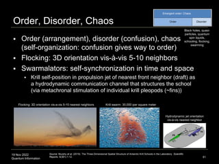 19 Nov 2022
Quantum Information
Order, Disorder, Chaos
 Order (arrangement), disorder (confusion), chaos
(self-organization: confusion gives way to order)
 Flocking: 3D orientation vis-à-vis 5-10 neighbors
 Swarmalators: self-synchronization in time and space
 Krill self-position in propulsion jet of nearest front neighbor (draft) as
a hydrodynamic communication channel that structures the school
(via metachronal stimulation of individual krill pleopods (~fins))
81
Source: Murphy et al. (2019). The Three-Dimensional Spatial Structure of Antarctic Krill Schools in the Laboratory. Scientific
Reports. 9(381):1-12.
Krill swarm: 30,000 iper square meter
Flocking: 3D orientation vis-a-vis 5-10 nearest neighbors
Black holes, quasi-
particles, quantum
spin liquids,
schooling, flocking,
swarming
Hydrodynamic jet orientation
vis-à-vis nearest neighbor
 