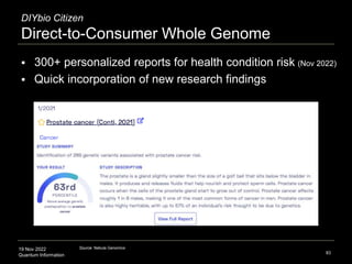 19 Nov 2022
Quantum Information
DIYbio Citizen
Direct-to-Consumer Whole Genome
83
Source: Nebula Genomics
 300+ personalized reports for health condition risk (Nov 2022)
 Quick incorporation of new research findings
 
