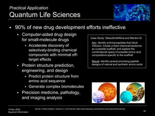 19 Nov 2022
Quantum Information
Practical Application
Quantum Life Sciences
 Computer-aided drug design
for small-molecule drugs
 Accelerate discovery of
selectively-binding chemical
compounds with minimal off-
target effects
 Protein structure prediction,
engineering, and design
 Predict protein structure from
amino acid sequence
 Generate complex biomolecules
 Precision medicine, pathology,
and imaging analysis
98
Case Study: GlaxoSmithKline and Menton AI
Aim: identify antiviral peptides that block
infection. Create a fixed chemical backbone
as a peptide scaffold, and explore the
combinatorial space of possible amino acid
compositions specific to the scaffold
Result: identify several promising peptide
designs of natural and synthetic amino acids
Source: D-Wave Systems: Quantum in Life Sciences. https://www.dwavesys.com/solutions-and-products/life-sciences
 90% of new drug development efforts ineffective
 