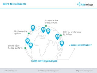 Totally scalable
infrastructure
Geo-balancing
system
Secure cloud
hosted platform
CDN for pre-landers
by default
Extra-fast redirects
e–mail: support@adsbridge.comweb: adsbridge.com blog: news.adsbridge.com
7 DATA CENTER WORLDWIDE
4 BLN CLICKS MONTHLY
 