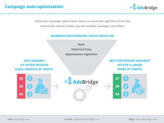 Automatic campaign optimization works on automatic algorithms that take
control over statistics when you set multiple campaigns and offers.
ADSBRIDGE REDISTRIBUTES TRAFFIC BASED ON:
Stats
Historical Data
Optimization algorithm
Campaign auto-optimization
e–mail: support@adsbridge.comweb: adsbridge.com blog: news.adsbridge.com
EACH VARIABLE
(LP+OFFER) RECEIVES
EQUAL AMOUNT OF TRAFFIC
BEST PERFORMING VARIABLES
RECEIVE A LARGER
SHARE OF TRAFFIC
 
