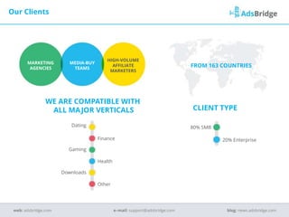 Our Clients
MARKETING
AGENCIES
MEDIA-BUY
TEAMS
HIGH-VOLUME
AFFILIATE
MARKETERS
FROM 163 COUNTRIES
WE ARE COMPATIBLE WITH
ALL MAJOR VERTICALS
Dating
Finance
Gaming
Health
Downloads
e–mail: support@adsbridge.comweb: adsbridge.com blog: news.adsbridge.com
CLIENT TYPE
80% SMB
20% Enterprise
Other
 