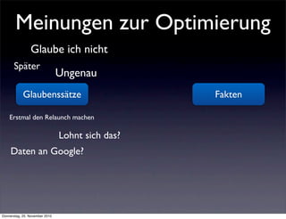 Meinungen zur Optimierung
                Glaube ich nicht
      Später
                                Ungenau
            Glaubenssätze                         Fakten

    Erstmal den Relaunch machen

                                Lohnt sich das?
     Daten an Google?




Donnerstag, 25. November 2010
 