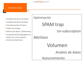 Calidad de Datos




Auditoría de Bases de Datos     Optimización
Limpieza de Bases de Datos
Estandarización de Datos             SPAM trap
Índice de entrega
Minería de datos / Datamining                  Un-subscription
Enriquecimiento (agregador de
emails, por correo postal y
criterios declarativos)
                                 Attrition
                                          Volumen
                                                Analisis de datos
                                      Asesoramiento
 