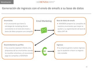 Monetización


 Generación de ingresos con el envío de emails a su base de datos


   Anunciante                                 Email Marketing   Base de datos de emails
   Un anunciante que tiene la                                   ADSENZIA propone las campañas de
   estrategia de marketing directo                              nuestros anunciantes que mejor se
   consistente en el envío de emails a                          ajustan a su segmentación de base de
   bases de datos propone una campaña                           datos OPT-IN




   Reactividad de los perfiles                                  Ingresos
   Sus usuarios expresan interés a las                         Su empresa genera nuevos ingresos
   propuestas de los anunciantes caundo                         que le ayudarán a hacer su negocio
   les resulltan atractivas y el anunciante                     más rentable
   paga las campañas a ADSENZIA




                                                                                                       32
 