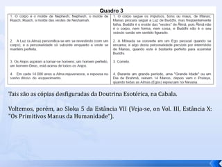 Tais são as cópias desfiguradas da Doutrina Esotérica, na Cabala.
Voltemos, porém, ao Sloka 5 da Estância VII (Veja-se, on Vol. III, Estância X:
"Os Primitivos Manus da Humanidade“).
 
