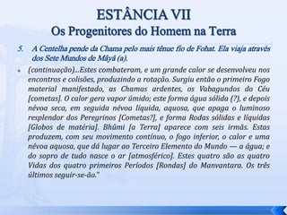 5. A Centelha pende da Chama pelo mais tênue fio de Fohat. Ela viaja através
dos Sete Mundos de Mâyâ (a).
 (continuação)...Estes combateram, e um grande calor se desenvolveu nos
encontros e colisões, produzindo a rotação. Surgiu então o primeiro Fogo
material manifestado, as Chamas ardentes, os Vabagundos do Céu
[cometas]. O calor gera vapor úmido; este forma água sólida (?), e depois
névoa seca, em seguida névoa líquida, aquosa, que apaga o luminoso
resplendor dos Peregrinos [Cometas?], e forma Rodas sólidas e líquidas
[Globos de matéria]. Bhûmi [a Terra] aparece com seis irmãs. Estas
produzem, com seu movimento contínuo, o fogo inferior, o calor e uma
névoa aquosa, que dá lugar ao Terceiro Elemento do Mundo — a água; e
do sopro de tudo nasce o ar [atmosférico]. Estes quatro são as quatro
Vidas dos quatro primeiros Períodos [Rondas] do Manvantara. Os três
últimos seguir-se-ão.”
 