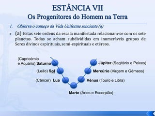 1. Observa o começo da Vida Uniforme senciente (a)
 (a) Estas sete ordens da escala manifestada relacionam-se com os sete
planetas. Todas se acham subdivididas em inumeráveis grupos de
Seres divinos espirituais, semi-espirituais e etéreos.
(Capricórnio
e Aquário) Saturno
(Leão) Sol
(Câncer) Lua
Marte (Áries e Escorpião)
Vênus (Touro e Libra)
Mercúrio (Virgem e Gêmeos)
Júpiter (Sagitário e Peixes)
 