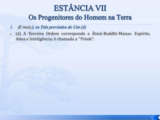 1. (E mais); os Três provindos do Um (d)
 (d) A Terceira Ordem corresponde a Âtmâ-Buddhi-Manas: Espírito,
Alma e Inteligência; é chamada a "Tríade".
 