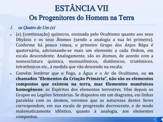 1. os Quatro do Um (e)
 (e) (continuação) químicos, ensinada pelo Ocultismo quanto aos seus
Dhyânis e os seus Átomos (sendo a analogia a sua lei primeira).
Conforme há pouco vimos, o primeiro Grupo dos Anjos Rûpa é
quaternário, adicionando-se mais um elemento a cada Ordem, em
escala descendente. Analogamente, são os átomos, de acordo com a
nomenclatura química, monoatômicos, diatômicos, triatômicos,
tetratômicos etc., à medida que vão descendo na escala;
 Convém lembrar que o Fogo, a Água e o Ar do Ocultismo, ou os
chamados "Elementos da Criação Primária", não são os elementos
compostos que existem na terra, mas Elementos numênicos
homogêneos: os Espíritos dos elementos terrestres. Vêm depois os
Grupos ou Legiões Setenárias. Se dispostos em um diagrama, em linhas
paralelas com os átomos, veremos que as naturezas destes Seres
correspondem, em sua escala de progressão decrescente, e de modo
matematicamente idêntico, quanto à analogia, aos elementos
compostos.
 