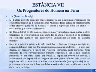 1. os Quatro do Um (e)
 (e) É claro que isto somente pode observar-se em diagramas organizados por
ocultistas; porque, se a escala de Seres Angélicos fosse colocada paralelamente
à dos átomos químicos da Ciência — desde o hipotético hélio ao urânio —,
certamente que haveria diferenças;
 No Plano Astral, os últimos só encontram correspondentes nas quatro ordens
inferiores; os três princípios mais elevados do átomo, ou melhor, da molécula
ou elemento químico, são perceptíveis unicamente ao cilho do Dangma
iniciado;
 Mas, se a química quisesse ir pelo caminho verdadeiro, teria que corrigir seu
esquema tabular, para dar-lhe consonância com o dos ocultistas — o que, sem
dúvida, se recusaria a fazer. Na Filosofia Esotérica, cada partícula física
depende de seu correspondente número superior, o Ser a cuja essência
pertence; e, em cima como em baixo, o Espiritual evolve do Divino, o
Psicomental do Espiritual — tingido em seu plano inferior pelo astral —,
seguindo toda a Natureza, a animada e a inanimada (em aparência), o seu
processo evolutivo em linhas paralelas, e retirando o seus atributos tanto de
cima como de baixo.
 