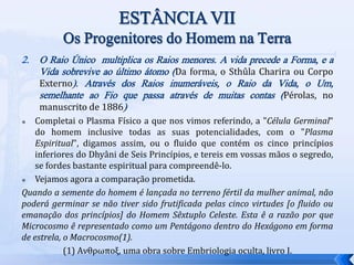 2. O Raio Único multiplica os Raios menores. A vida precede a Forma, e a
Vida sobrevive ao último átomo (Da forma, o Sthûla Charira ou Corpo
Externo). Através dos Raios inumeráveis, o Raio da Vida, o Um,
semelhante ao Fio que passa através de muitas contas (Pérolas, no
manuscrito de 1886)
 Completai o Plasma Físico a que nos vimos referindo, a "Célula Germinal“
do homem inclusive todas as suas potencialidades, com o "Plasma
Espiritual", digamos assim, ou o fluido que contém os cinco princípios
inferiores do Dhyâni de Seis Princípios, e tereis em vossas mãos o segredo,
se fordes bastante espiritual para compreendê-lo.
 Vejamos agora a comparação prometida.
Quando a semente do homem é lançada no terreno fértil da mulher animal, não
poderá germinar se não tiver sido frutificada pelas cinco virtudes [o fluido ou
emanação dos princípios] do Homem Sêxtuplo Celeste. Esta ê a razão por que
Microcosmo ê representado como um Pentágono dentro do Hexágono em forma
de estrela, o Macrocosmo(1).
(1) Aνθρωποξ, uma obra sobre Embriologia oculta, livro I.
 