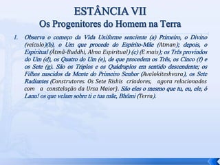 1. Observa o começo da Vida Uniforme senciente (a) Primeiro, o Divino
(veículo)(b), o Um que procede do Espírito-Mãe (Atman); depois, o
Espiritual (Âtmâ-Buddhi, Alma Espiritual) (c) (E mais); os Três provindos
do Um (d), os Quatro do Um (e), de que procedem os Três, os Cinco (f) e
os Sete (g). São os Triplos e os Quádruplos em sentido descendente; os
Filhos nascidos da Mente do Primeiro Senhor (Avalokiteshvara), os Sete
Radiantes (Construtores. Os Sete Rishis criadores, agora relacionados
com a constelação da Ursa Maior). São eles o mesmo que tu, eu, ele, ó
Lanu! os que velam sobre ti e tua mãe, Bhümi (Terra).
 