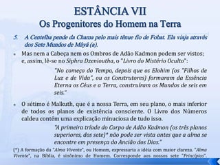 5. A Centelha pende da Chama pelo mais tênue fio de Fohat. Ela viaja através
dos Sete Mundos de Mâyâ (a).
 Mas nem a Cabeça nem os Ombros de Adão Kadmon podem ser vistos;
e, assim, lê-se no Siphra Dzenioutha, o "Livro do Mistério Oculto":
"No começo do Tempo, depois que os Elohim (os "Filhos de
Luz e de Vida", ou os Construtores) formaram da Essência
Eterna os Céus e a Terra, construíram os Mundos de seis em
seis.“
 O sétimo é Malkuth, que é a nossa Terra, em seu plano, o mais inferior
de todos os planos de existência consciente. O Livro dos Números
caldeu contém uma explicação minuciosa de tudo isso.
"A primeira tríade do Corpo de Adão Kadmon (os três planos
superiores, dos sete)* não pode ser vista antes que a alma se
encontre em presença do Ancião dos Dias."
(*) A formação da "Alma Vivente", ou Homem, expressaria a idéia com maior clareza. "Alma
Vivente", na Bíblia, é sinônimo de Homem. Corresponde aos nossos sete "Princípios".
 