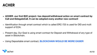 - ACHER -our ﬁrst B2C project- has deposit/withdrawal action on smart contract by
Call and DelegateCall. It can be adopted every another new contract!
- Identiﬁcation through smart contract which is called ERC-725 is used for DID and multi
support of EOA.

- Present day, Our Goal is using smart contract for Deposit and Withdrawal of any type of
asset in Blockchain.

- Using Depositable smart contract, BLOCKCHAIN WOULD BE MORE EASIER
ACHER
45/50
 