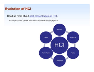 Evolution of HCI

 Read up more about past-present-future of HCI.
  Example : http://www.youtube.com/watch?v=gpvjEg9IiSc




                                                    People




                                      Trends                    Products




                                                   HCI
                                    Technologies                 Tools




                                                   Challenges
                                                                           1-20
 