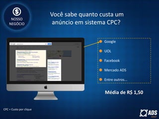 Você sabe quanto custa um
anúncio em sistema CPC?
Google
UOL
Facebook
Mercado ADS
Entre outros...
CPC = Custo por clique
Média de R$ 1,50
NOSSO
NEGÓCIO
 
