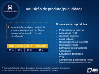 Aquisição de produto/publicidade
Na aquisição de algum produto da
empresa você ganhará um Bônus
percentual de acordo com sua
classificação
* Valor calculado sob o lucro do produto. Consulte nossa lista completa de produtos
no seu escritório virtual. Consultar informações constantes no contrato.
STAR SILVER GOLD DIAMOND
20 % 30 % 40 % 50 %
OPORTUNIDADE
Nossos serviços/produtos
- Publicidade na internet
- Assessoria SEO
- Websites express
- Lojas virtuais
- Hospedagem (na internet)
- Identidade visual
- Softwares personalizados
- Aplicativos
- Servidores dedicados
- VPS
- Campanhas publicitárias (web)
- Desenvolvimento personalizado de Sites
 