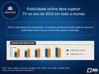Publicidade online deve superar
TV no ano de 2016 em todo o mundo
Com o crescimento dos internautas, as empresas preferem investir cada vez mais em
publicidade online do que na televisão (aberta e fechada).
Fonte: Novas digitais (pesquisa divulgada pela Infosys com dados coletados pela
Forbes, Forrester Research e eMarketer).
MERCADO
 