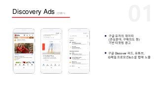 Discovery Ads (연말출시)
구글 유저의 데이터
(관심분야, 구매의도 등)
기반 타겟팅 광고
구글 Discover 피드, 유튜브,
G메일 프로모션&소셜 탭에 노출
 