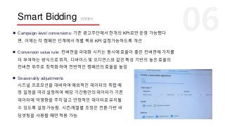 Smart Bidding (연말출시)
Campaign-level conversions: 기존 광고주단에서 한개의 KPI로만 운영 가능했다
면, 이제는 각 캠페인 단계에서 개별 목표 KPI 설정가능하도록 개선
Conversion value rule: 컨버젼을 극대화 시키는 동시에 효율이 좋은 컨버젼에 가치를
더 부여하는 방식으로 위치, 디바이스 및 오디언스와 같은 특성 기반의 높은 효율의
컨버젼 위주로 최적화 하며 전반적인 캠페인의 효율을 높임
Seasonality adjustments
시즈널 프로모션을 대비하여 예외적인 데이터의 취합 예
정 일정을 미리 설정하여 해당 기간동안의 데이터가 기존
데이터에 악영향을 주지 않고 안정적인 데이터로 유지될
수 있도록 설정 가능함. 시즌/계절별 조정은 전환 기반 비
딩셋팅을 사용할 때만 적용 가능
 